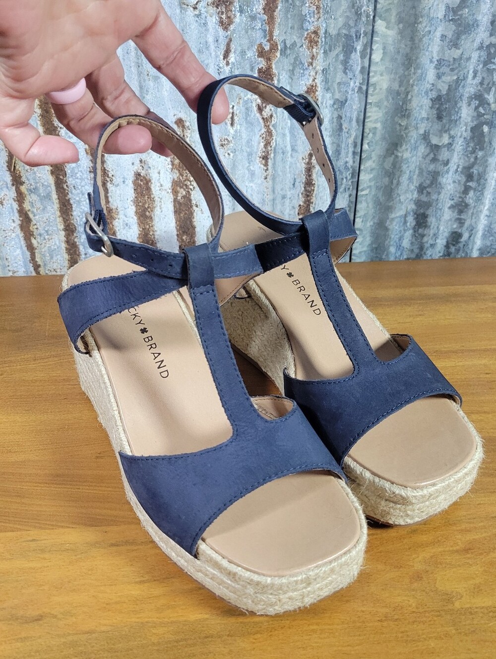 Lucky Brand Women's Blue Suede Espadrille Wedge Sandals Size 7